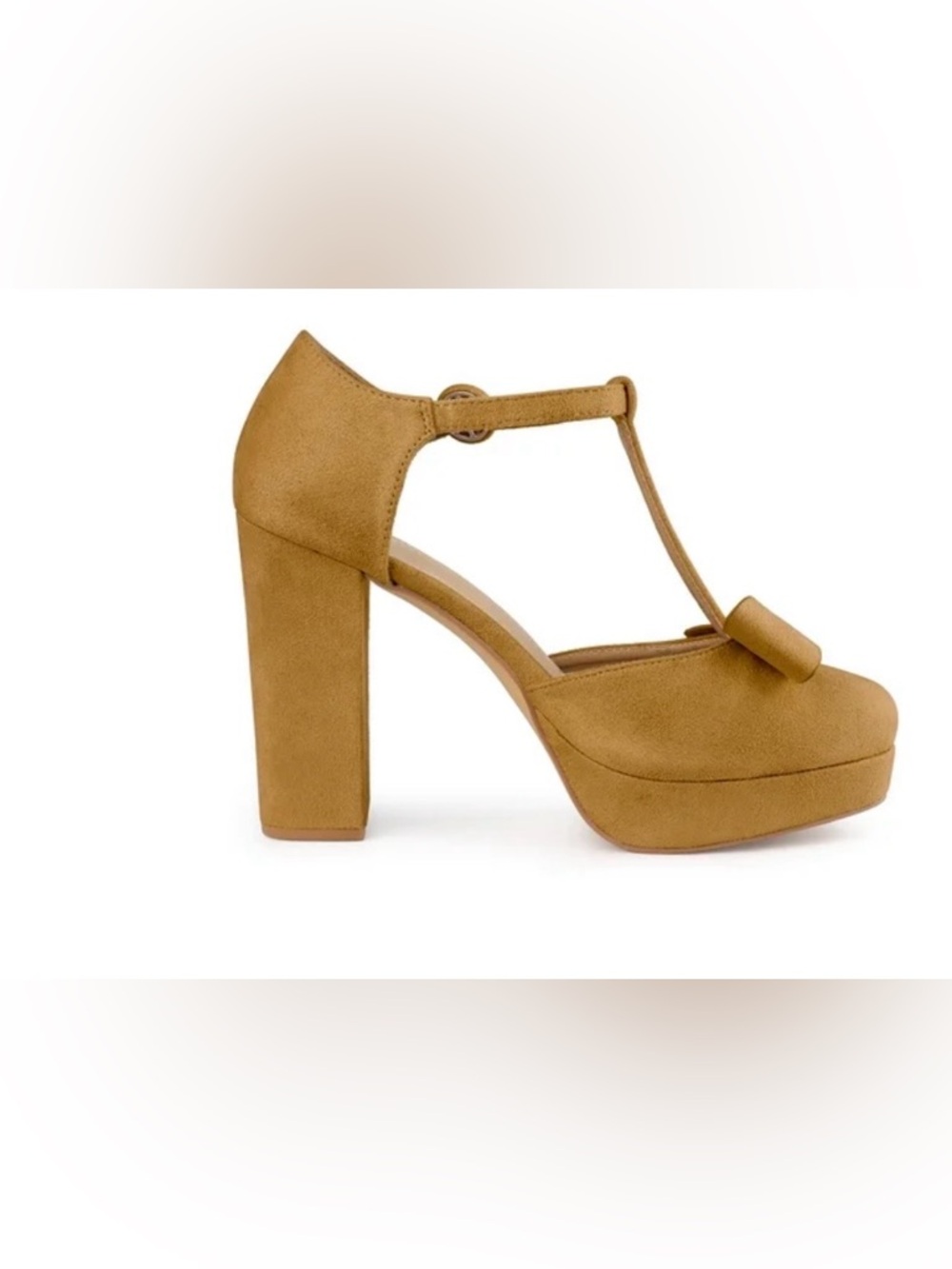 Womens Tan Suede T-Strap Block Heel Sandals